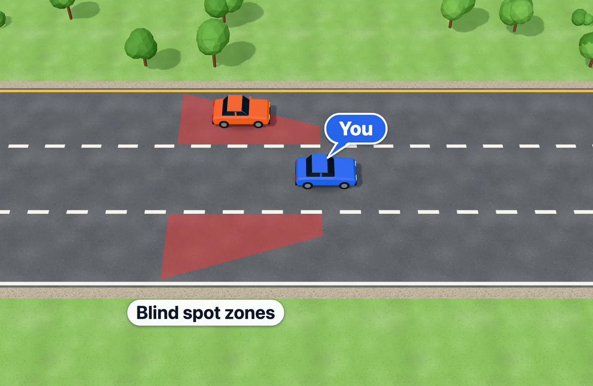 Blind spots to the left-rear and right-rear of a car on a three-lane one-way road