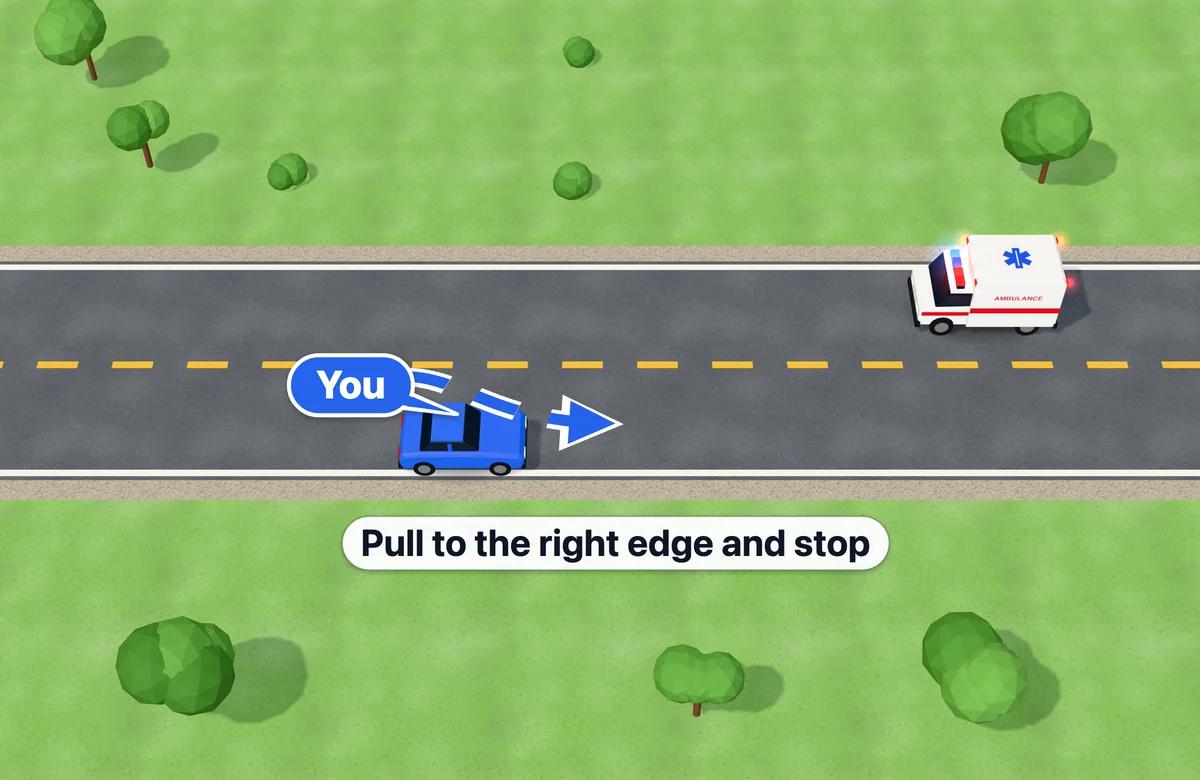 Emergency vehicle approaching from ahead in the oncoming lane with lights and siren