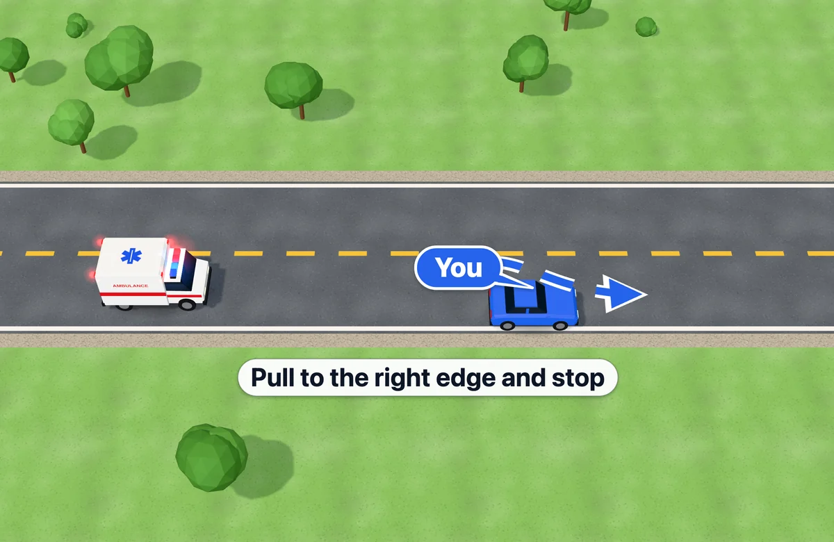 Emergency vehicle approaching from behind with lights and siren