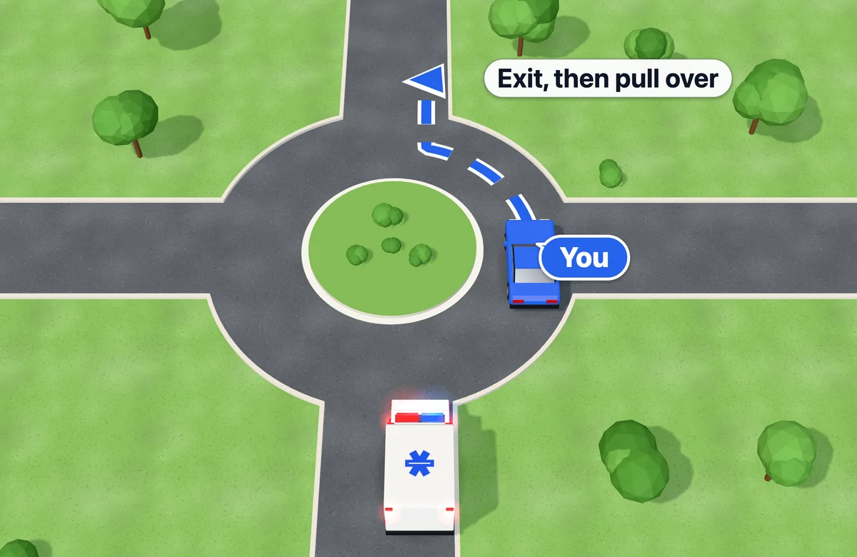 Inside a roundabout as an emergency vehicle approaches: continue to your exit, leave the roundabout, then pull over