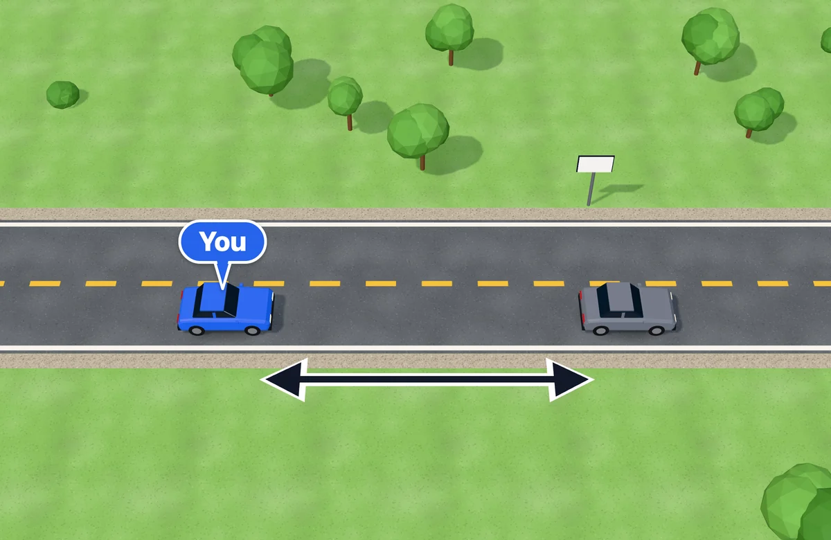 Two cars in the same lane passing a fixed marker