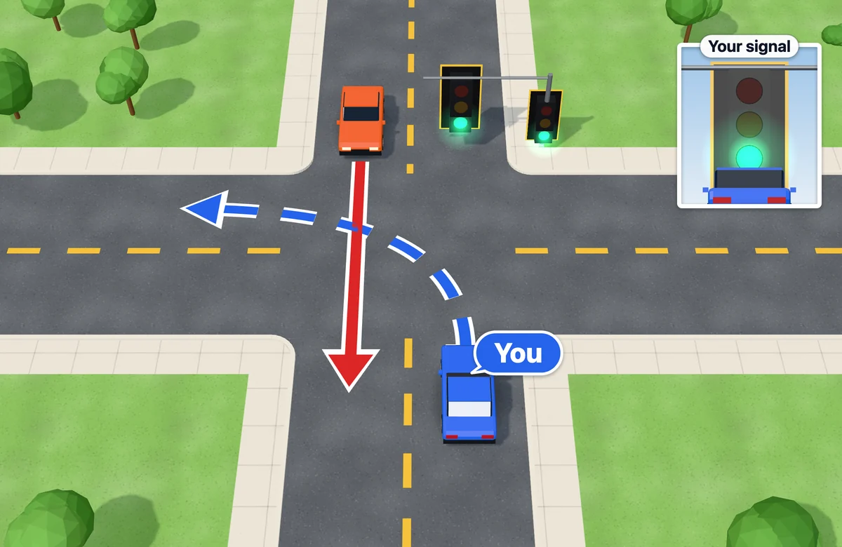 Turning left on a green light while an oncoming car goes straight