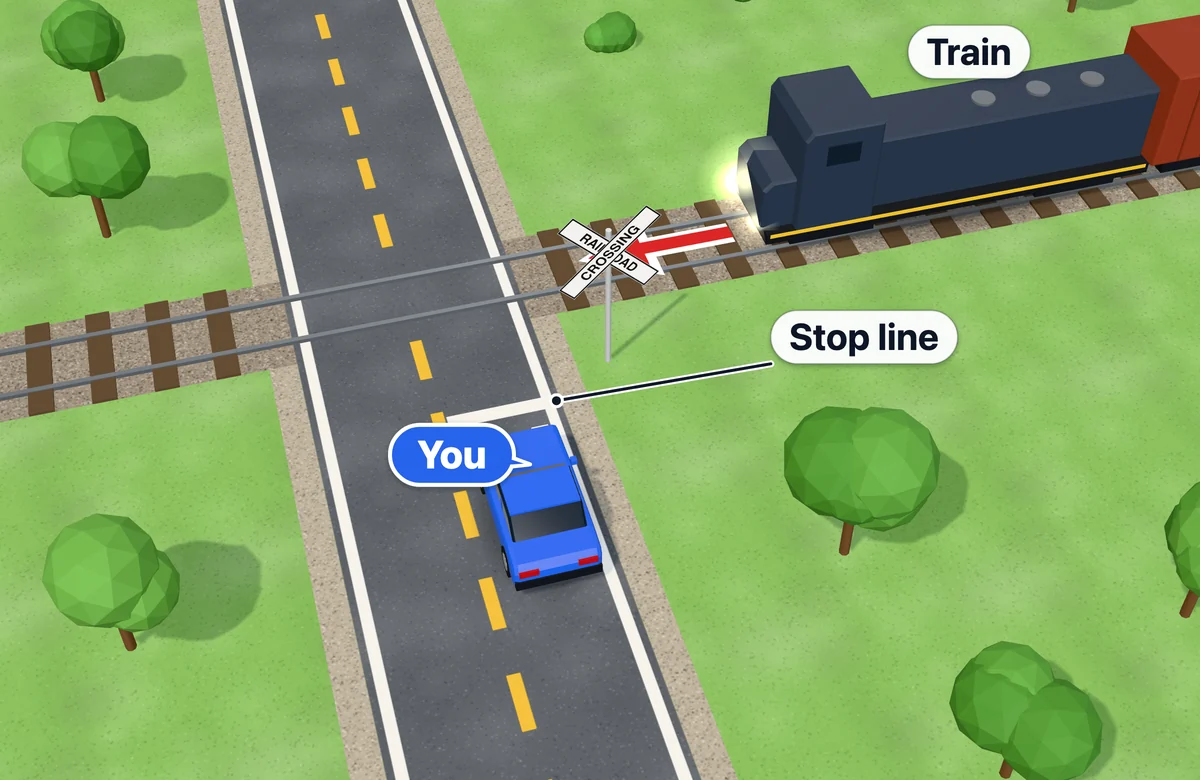 Train approaching a railroad crossing marked with a crossbuck sign