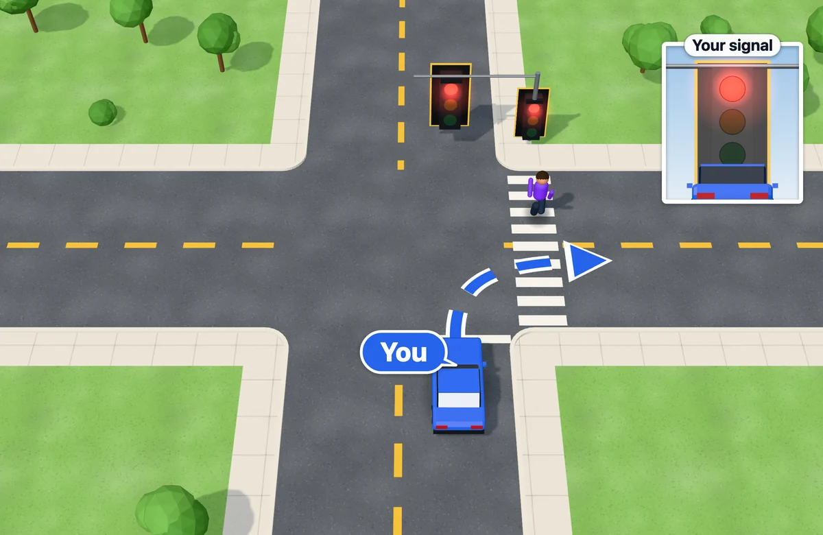 Turning right at a red light with a pedestrian in the crosswalk