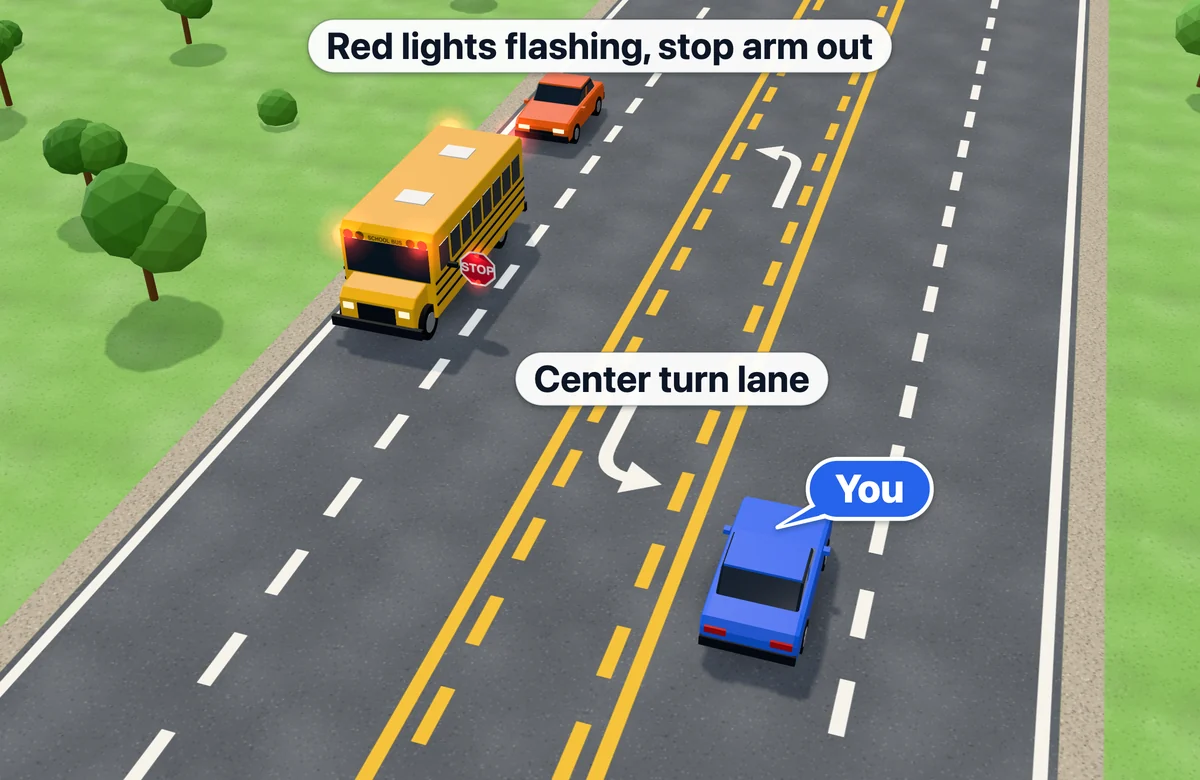 School bus stopped with red lights flashing on a five-lane road with a center turn lane; you approach from the opposite direction