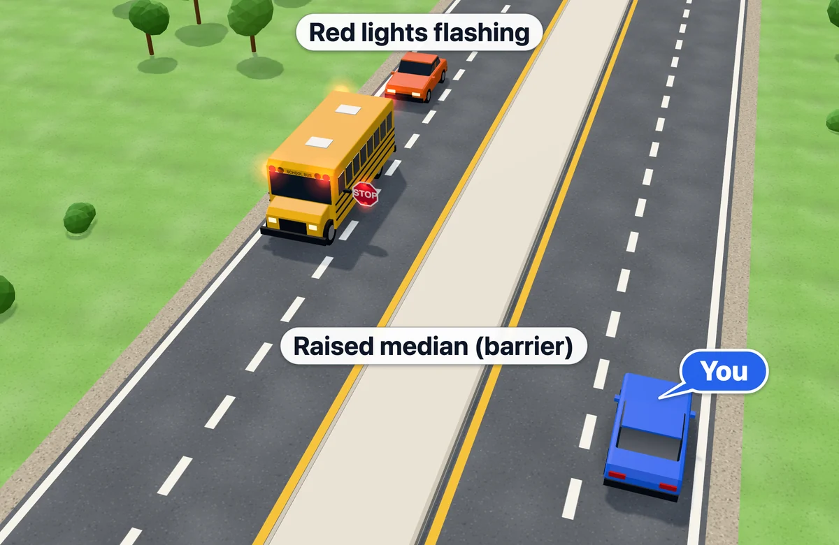 School bus stopped on the far side of a divided highway; you approach on the other roadway