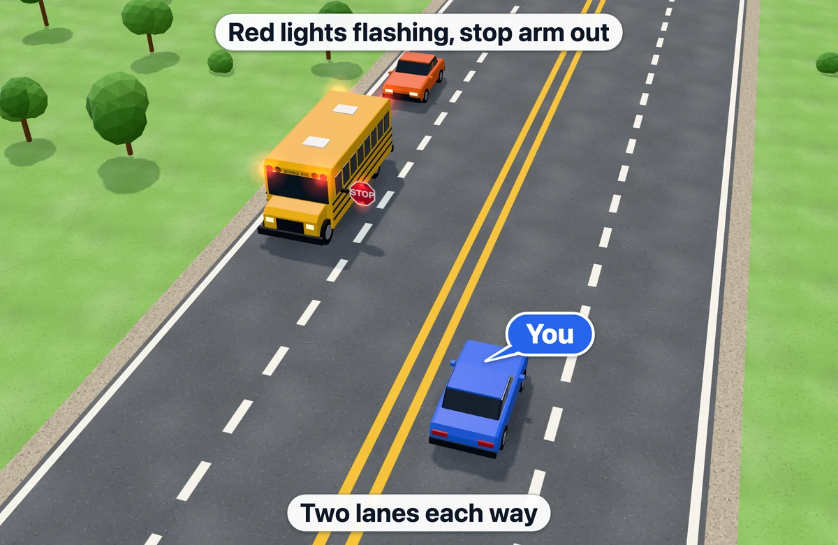 School bus stopped with red lights flashing on a four-lane road with no median; you approach from the opposite direction