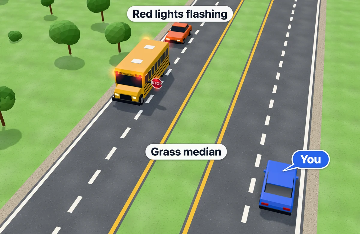 School bus stopped on the far side of a divided highway with a grass median; you approach on the other roadway