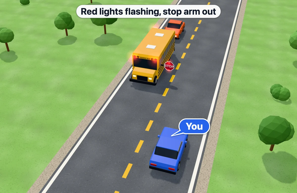 School bus stopped with red lights flashing on a two-lane road; you approach from the opposite direction