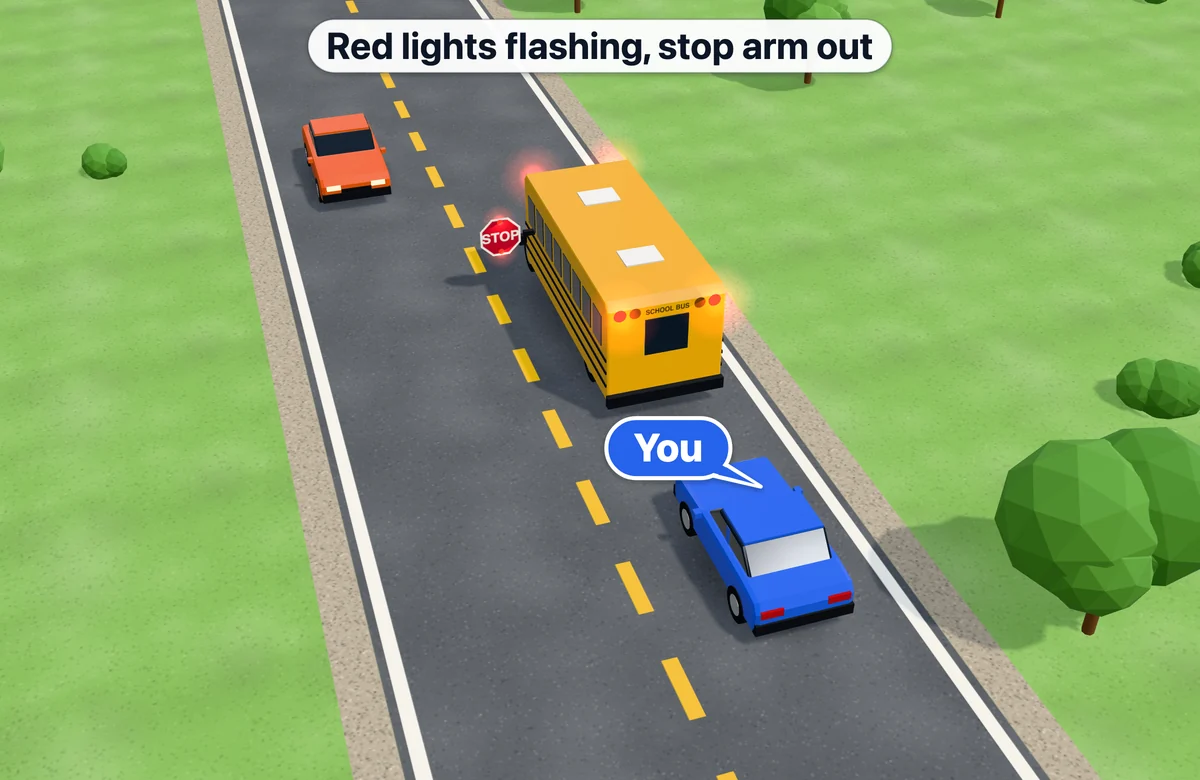 School bus stopped with red lights flashing on a two-lane road