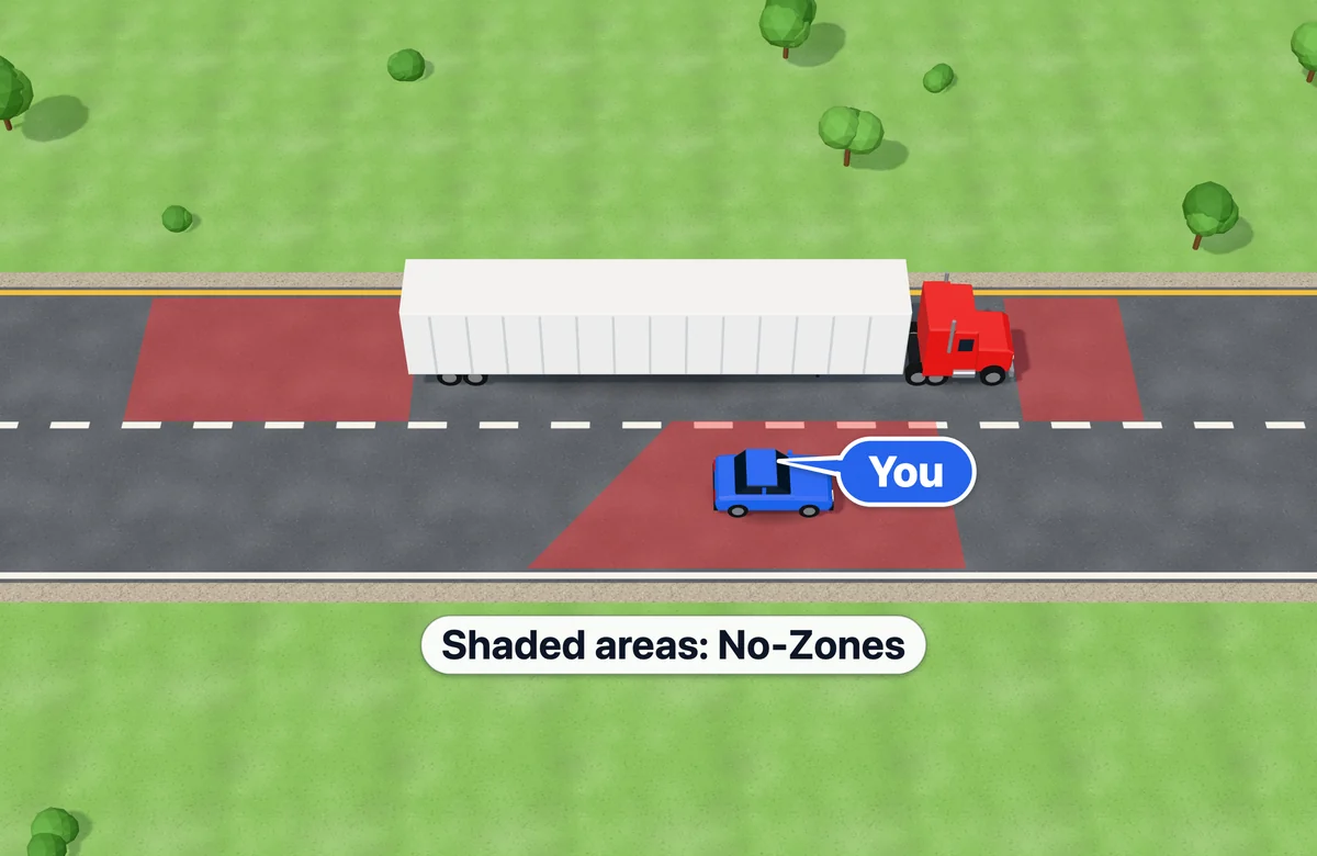 A car driving beside a large truck, inside one of the truck's blind spots (No-Zones)